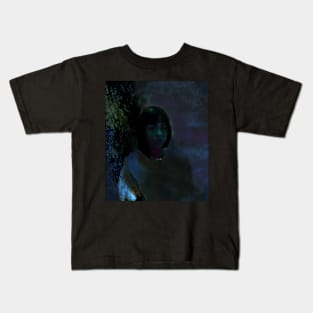 Portrait, digital collage and special processing. Lovely girl, sitting near tree. Night dreams. Blue and aquamarine. Kids T-Shirt